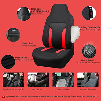 CAR PASS Bucket Car Seat Cover, Breathable 3D Air Mesh-100% Sporty Fabric Front Seats, Airbag Compatible, Universal Fit Automotive SUV Truck Sedan Vans Women, High Back Two Front 2 Piece, Black Red - color: Black Red, size: Two Front Seats
