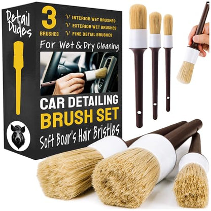 Detail Dudes Car Detailing Brush Set 3-pc - Scratch-Free Boars Hair for Interior and Exterior Work - Pro Quality Car Cleaning Brush Kit for Leather Seats, Dashboards, Wheels, Grills and Paint - size: 3 Pack(Starter)