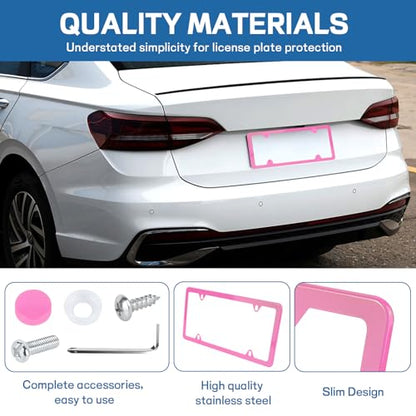 Wuyaoyao 2PCS Car License Plate Frames, 4 Holes Stainless Steel License Plate Frame, Slim License Plates Cover Holder with Screws Bolts Caps Washers, Universal Exterior Car Accessories (Pink) - color: Pink