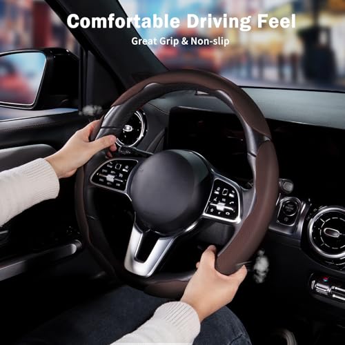 Nappa Leather Car Steering Wheel Cover for Men Women, Ultra-Thin Non-Slip Breathable Microfibre, Universal for 14.5"-15" Steering Wheel - Brown - color: Brown