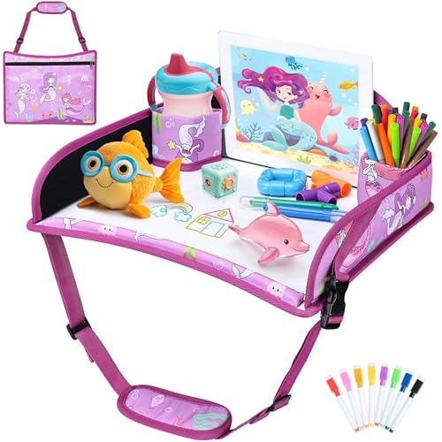 Kids Travel Tray for Toddler Carseat, Road Trip Activities Essentials, Kids Lap Desk Tray with Tablet Holder Stand and Dry Erase Board, Mermaid - color: Mermaid