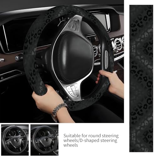 Steering Wheel Covers for Car, Truck, and SUV, Cute Non-Slip Breathable Elastic Steering Wheel, Car Accessories, Universal 15 Inch Leather Cover for Men Women Black Leopard Print - color: Black Leopard Print