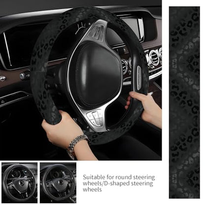 Steering Wheel Covers for Car, Truck, and SUV, Cute Non-Slip Breathable Elastic Steering Wheel, Car Accessories, Universal 15 Inch Leather Cover for Men Women Black Leopard Print - color: Black Leopard Print