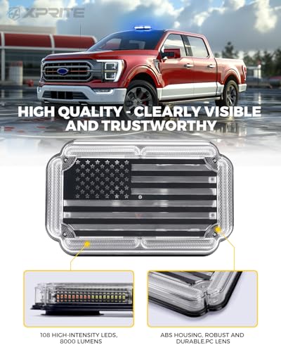 Xprite 108 LED Roof Top Strobe Light, US Flag Pattern Police Flashing Light, Emergency Hazard Warning LED Mini Strobe Lightbar w/Magnetic Base for Police Firefighter EMS Vehicles Trucks, Blue White - color: Blue White