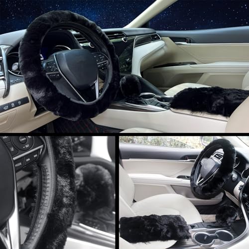 Furry Car Steering Wheel Cover with Fluffy Gear Shift Cover and Center Console Cover, Soft Warm Plush Non-Slip, 14 1/2-15 inch, for Women Girls 3 PCS Set, Black - color: 3 pcs set - black