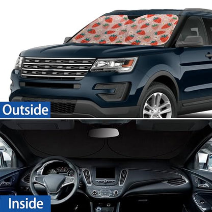 Pink Strawberry Windshield Sunshade for Car SUV Truck Foldable Uv Ray Reflector Front Window Sun Shade Visor Shield Cover -59" X 31" - color: Strawberry