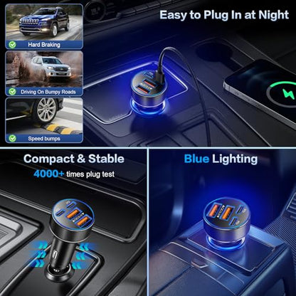 USB C Car Charger, Multi Port 90W Super Fast Charging Cigarette Lighter Adapter, 4-in-1 Dual USB-C & USB-A Car Phone Power Adapter for iPhone 17/16/15/Pro Max, iPad, Samsung Galaxy S25 (Black, 1-Pack) - size: 1-Pack