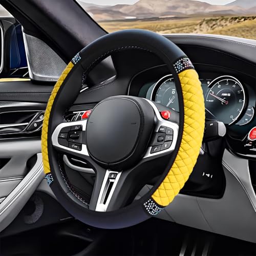 ZIMISI Bling Soft Leather Steering Wheel Cover, 15" Anti-Slip Sparkly Crystal Auto Elastic Steering Wheel Protector for Women Girl, Colorful Diamond Car Interior Accessory for Most Cars (Yellow) - color: Yellow