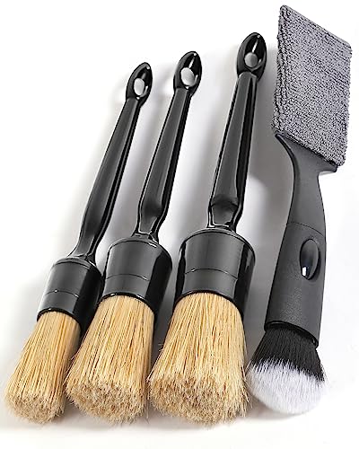Car Detailing Brush Set, 4 PCS Soft Boars Hair Auto Interior Cleaning Detail Brushes, Perfect for Safely Cleaning Emblem Air Vent, Leather Seats, Washing Wheels, Tires, Engine Bay, Car Detailing Kit - size: boars hair