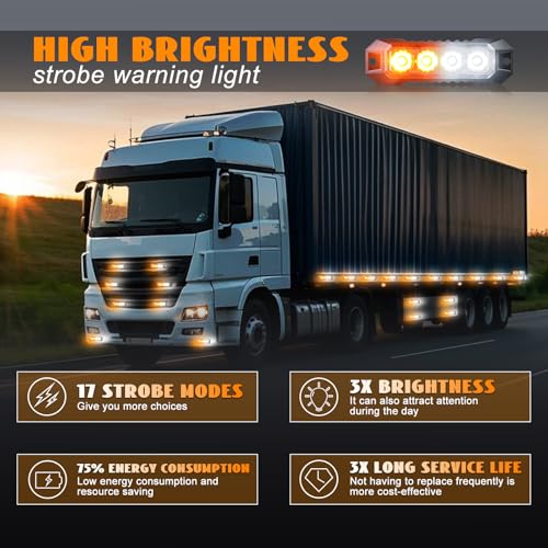 4PCS LED Emergency Strobe Lights 4 LED Amber White Surface Mount Flashing Lights Emergency Strobe Grille Beacon Hazard Warning Lights for Trucks Car Vehicles Trailer ATV RV SUV Tow 12V-24V - color: Amber/White