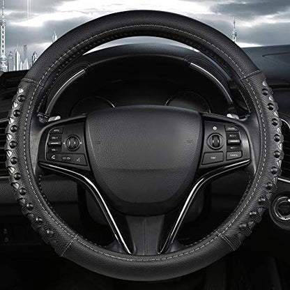 West Llama Microfiber Leather Car Steering Wheel Cover for Men Women,Universal Fit 14.5-15 inch(Leather Nails-Gray+Black-Standard Size) - color: C-Silver+Black, size: Standard size (14 ½''-15'')