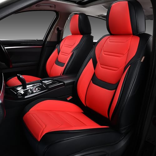 TIEHESYT Leather Seat Covers Front Pair with Lumbar Support, Breathable and Waterproof Car Seat Cover, Universal Seat Covers for Cars, Trucks, SUVs, Sedans, Pickups, Airbag Compatible, Black&Red - color: Black&Red, size: Front Pair Headrestless