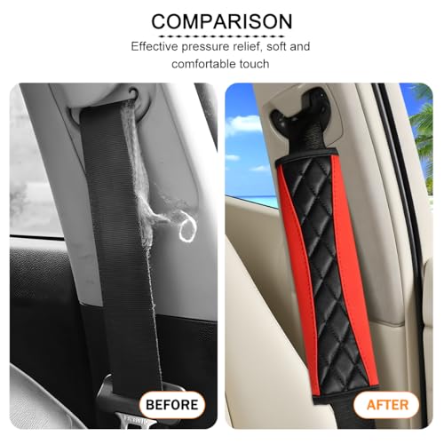 2PCS Car Seat Belt Cover, Soft Comfortable Leather Vehicle Seatbelt Shoulder Pad Cushion, Breathable Automotive Interior Seat Strap Harness Mat, Universal for RV SUV Truck (Red) - color: Red