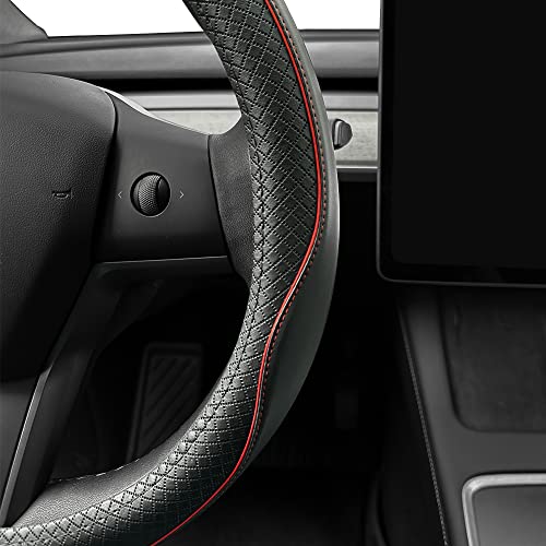 LKWLIKEI Nappa Leather Ultra-Thin Steering Wheel Cover, for Tesla Model 3/Y Steering Wheel Cover, Non-Slip Design and Interior Modification of car Accessories （Black and Red） - color: Black and Red