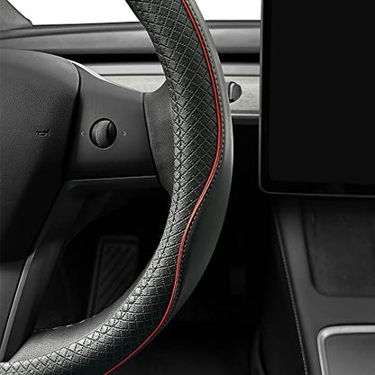 LKWLIKEI Nappa Leather Ultra-Thin Steering Wheel Cover, for Tesla Model 3/Y Steering Wheel Cover, Non-Slip Design and Interior Modification of car Accessories （Black and Red） - color: Black and Red