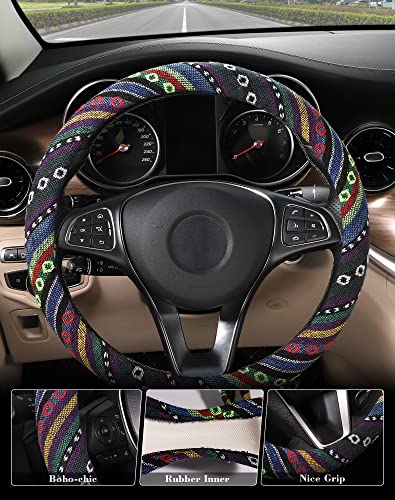 SEG Direct Boho Steering Wheel Cover with Baja Blanket Cloth, Ethnic Style Auto Wheel Cover Made of Coarse Flax, Fits 14 1/2-15 1/4 inches Car Wheel - color: Psychedelic Trip