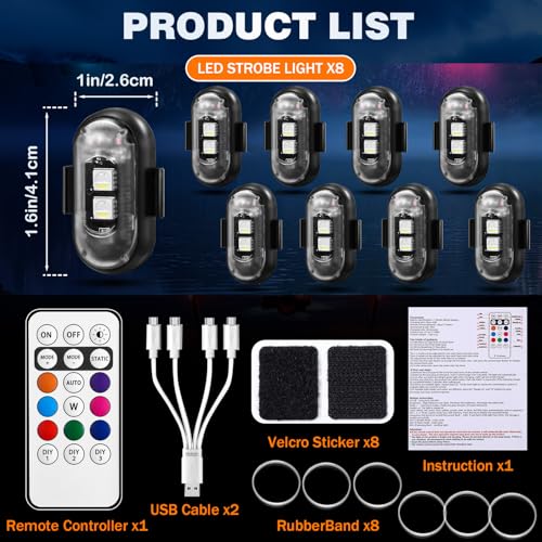8PCS Wireless LED Strobe Lights, Halloween 8 Colors Wireless Strobe Lights with Remote Control, IP65 Waterproof Rechargeable Anti-Collision LED Emergency Warning Light for Car Drone Aircraft - size: 8PCS (Standard)