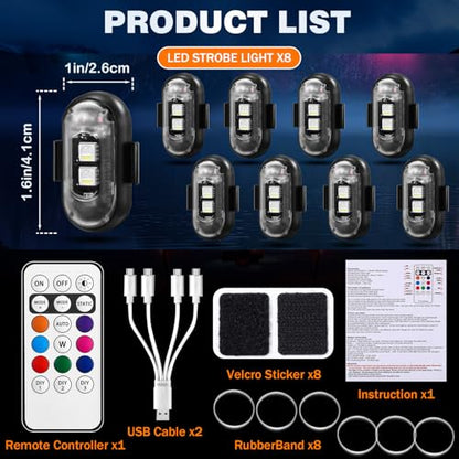 8PCS Wireless LED Strobe Lights, Halloween 8 Colors Wireless Strobe Lights with Remote Control, IP65 Waterproof Rechargeable Anti-Collision LED Emergency Warning Light for Car Drone Aircraft - size: 8PCS (Standard)
