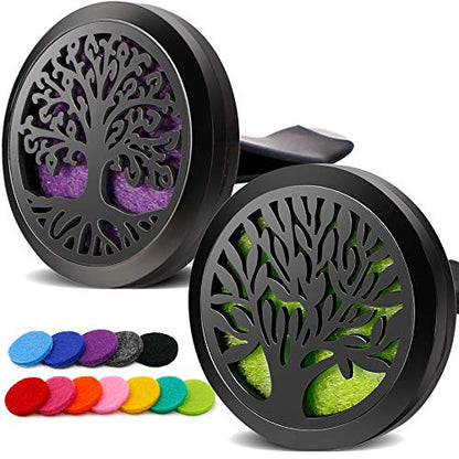 RoyAroma 2PCS Tree of Life Car Diffuser Aromatherapy Essential Oil Black Stainless Steel Locket with Vent Clip 12 Felt Pads - color: Black B