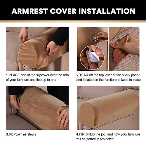 PrinceDeco 4 Pack Thick Velvet Stretch Armrest Covers for Chairs and Sofas - Non Slip, Camel - color: Camel