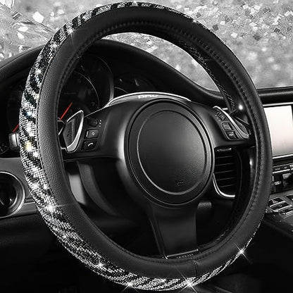 CAR PASS Bling Diamond Leather Steering Wheel Cover, with Bling Sparkly Crystal Glitter Rhinestone Universal Fit 14" 1/2-15" Car Wheel Protector Fit for Women Girl SUV,Vans,Sedans,Trucks, Zebra Print - color: Zebra Print Diamond