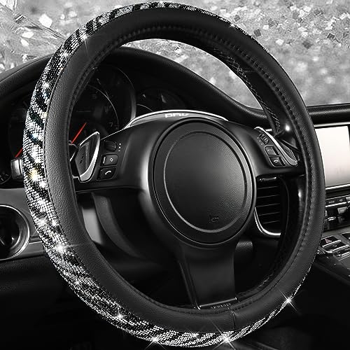 CAR PASS Bling Diamond Leather Steering Wheel Cover, with Bling Sparkly Crystal Glitter Rhinestone Universal Fit 14" 1/2-15" Car Wheel Protector Fit for Women Girl SUV,Vans,Sedans,Trucks, Zebra Print - color: Zebra Print Diamond