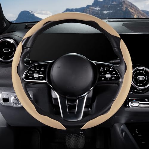 Car Steering Wheel Cover Leather Snap On 3Pcs Set Non-Slip Protector Wrap Steering Wheel Accessories 14.5-15 inch Universal Beige - color: Beige