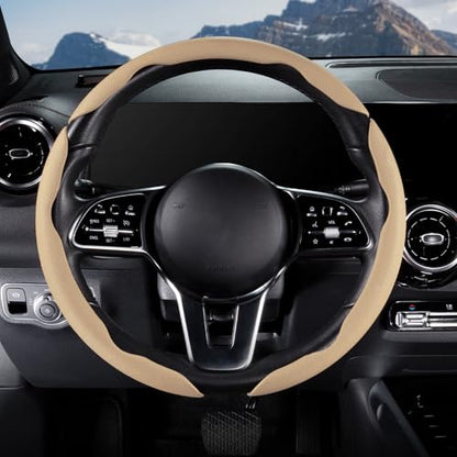 Car Steering Wheel Cover Leather Snap On 3Pcs Set Non-Slip Protector Wrap Steering Wheel Accessories 14.5-15 inch Universal Beige - color: Beige
