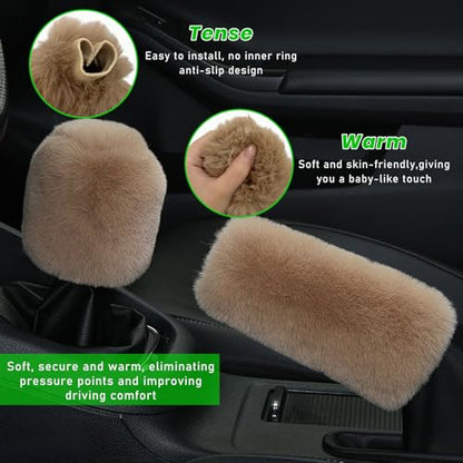 Ziciner 2PCS Plush Car Gear Shift Knob Cover & Handbrake Cover, Comfortable Anti-Slip Auto Shift Knob Protector, Fluffy Warm Hand Brake Handle Cover, Car Accessories (Light Brown) - color: Light Brown