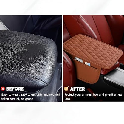 Car Center Console Cover, Leather Vehicle Armrest Seat Box Cushion Pad with Storage Bags, Waterproof Automotive Middle Console Protector, Universal for SUV RV Truck (Brown) - color: Brown