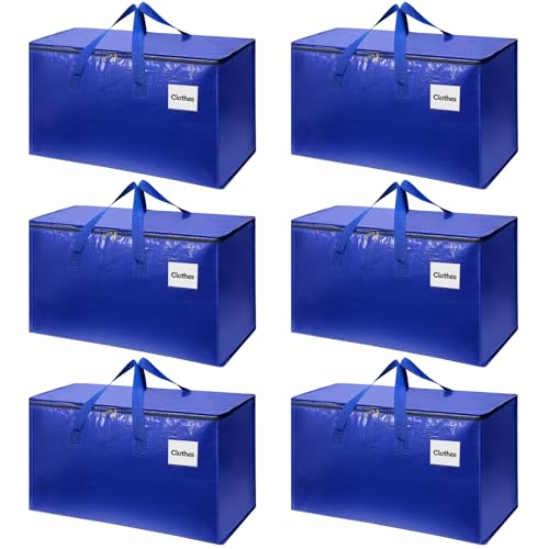6 Pack Extra Large Heavy Duty Moving Bags with Reinforced Zippers & Wide Carry Handles, Durable Storage Totes for Clothes Packing, Dorm Moves & Home Organization, Blue - color: Blue-6