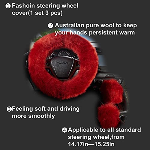 Yontree Fashion Fluffy Steering Wheel Covers for Women/Girls/Ladies/Men Australia Pure Wool Universal 15 Inch 1 Set 3 Pcs Long Wool Burgundy - color: Burgundy, size: Long Wool