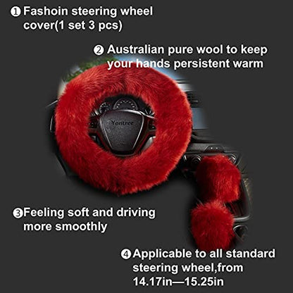 Yontree Fashion Fluffy Steering Wheel Covers for Women/Girls/Ladies/Men Australia Pure Wool Universal 15 Inch 1 Set 3 Pcs Long Wool Burgundy - color: Burgundy, size: Long Wool