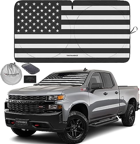 Autoamerics Truck Windshield Sun Shade with Storage Pouch & Anti-Slip Dashboard Pad - Foldable B&W American Flag Design Sunshade - Blocks Max UV Rays, Keeps Vehicle Cool | X-Large (66 x 36 inches) - color: USA B&W FLAG, size: X-large = 66 X 36 Inches