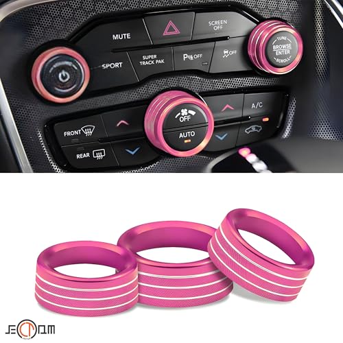 Air Conditioner Switch Button Knob Cover, Car Interior Accessories Radio Volume Control Knob, Aluminum Alloy Trim Rings Compatible with Dodge Challenger Durango 2015-2022 (Pink) - color: Pink