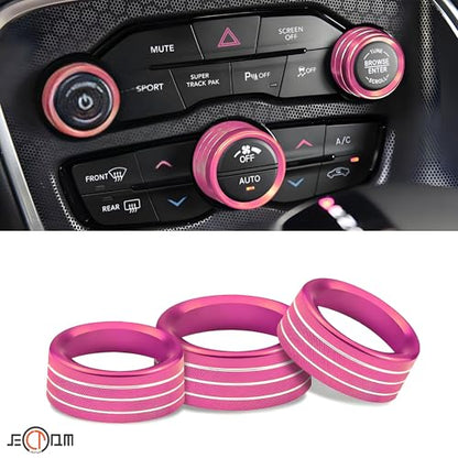 Air Conditioner Switch Button Knob Cover, Car Interior Accessories Radio Volume Control Knob, Aluminum Alloy Trim Rings Compatible with Dodge Challenger Durango 2015-2022 (Pink) - color: Pink