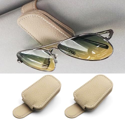 Sunglass Holder for Car, Magnetic Leather Sunglasses Clip for Car Visor, Eyeglass Hanger Clip for Car Sun Visor (Khaki 2 Pack) - color: Khaki 2 Pack