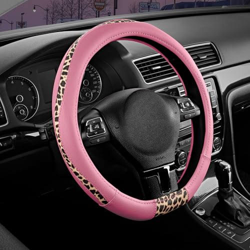 Road Comforts D-Type Steering Wheel Cover - Made with PVC Leather and Leopard Fabric - Universal Fit for 15-Inch D-Shaped Automotive Steering Wheels (Pink Color) - color: D-Pink