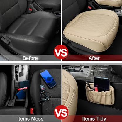 2 Pack Leather Front Car Seat Cover Bottom Car Seat, Anti-Slip and Full Wrap Driver Car Seat Protectors with Storage Pocket, Luxury Waterproof Bottom Auto Seat Cushion for Most Vehicles(Yellow Beige) - color: Yellow Beige-2pcs