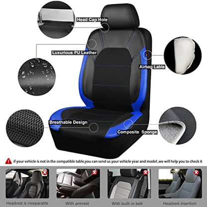 CAR PASS Air Mesh Leather Car Seat Covers Full Set, Waterproof Car Floor Mats, Sporty Steering Wheel Cover 14.5-15in, Universal Fits for 95% Cars Truck SUV (Black and Blue) - color: Blue