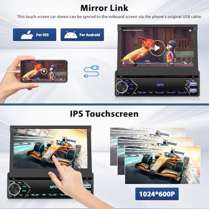 Inefala Single Din Touchscreen Radio 7'' Flip Out Screen Car Stereo with Bluetooth USB Type C Fast Charge Car Audio Receiver Backup Camera SWC FM MIC TF AUX in EQ - style: 7'' No CarPlay Retractable