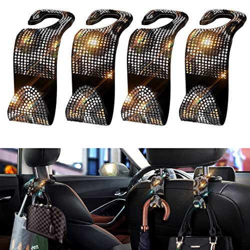 4 Pcs Bling Car Seat Hooks for Purses and Bags, Leopard Print Headrest Hooks with Bling Car Accessories