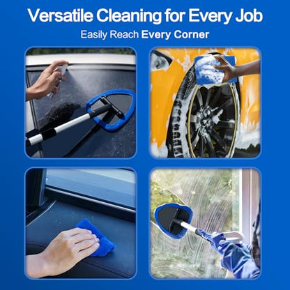 Windshield Cleaner Tool 22.5" L - Car Interior&Exterior Window Cleaning Kit with Extendable Handle&4 Microfiber Pads and Thick Large Wash Sponge, Auto Glass Wiper Brush Kit for Cars Home (7pcs Blue) - color: Blue