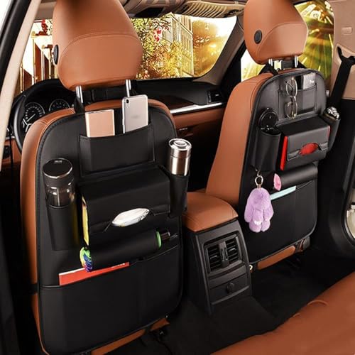 2 Pack PU Leather Premium Car SeatBack Organizer Travel Accessories Kick mats Back seat Protector and Cup Holder Holder Universal Use Seat Covers (23×17.1 in) - size: 23×17.1 in