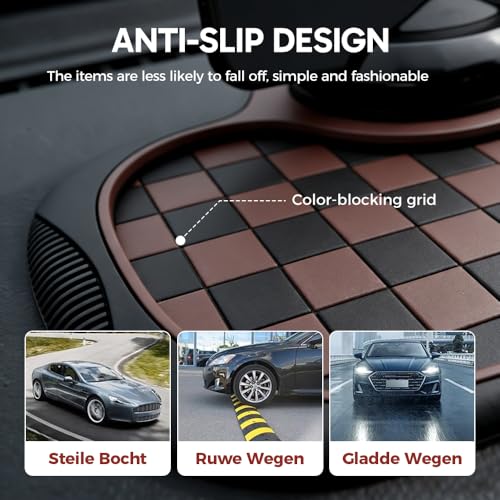 Multifunction Car Anti Slip Mat, 360° Rotatable Phone Holder Dashboard Pad with Temporary Parking Number, Anti Skid Organizer for Phone Sunglasses Keys (Brown-Gray Checkered Pattern) - color: Brown-Gray Checkered Pattern
