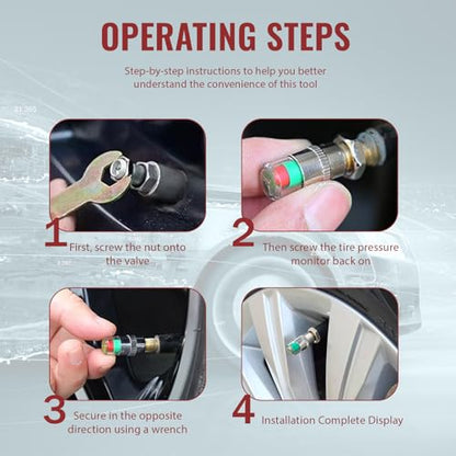 4-Pack Car Tire Pressure Monitoring Valve Caps with Tri-Color Warning System, 2.4Bar/36psi Tire Pressure Detector, Fits Most Vehicle Models, Includes 4 Screws + Wrench (Silver) - color: Silver