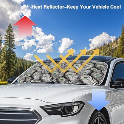 Peacock Feather Car Sun Shade with Reflective Fabric Blocks Sun and Keeps Your Vehicle Cool Foldable Quickly Install Two Pieces Windshield Sun Shade Universal Fit Hatchback SUV Truck Van - color: Black Peacork Leather