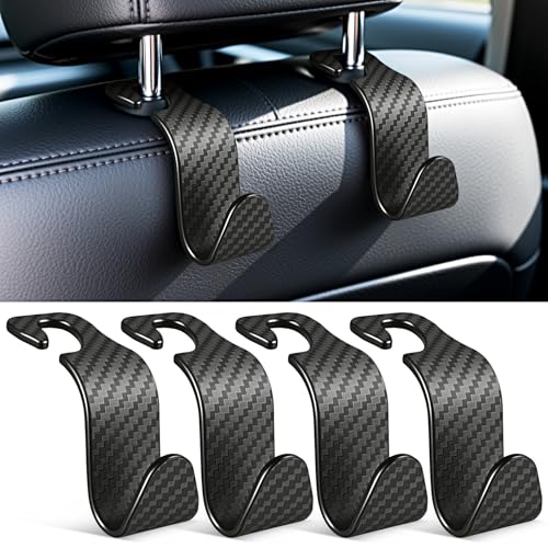 SINGARO Universal 4 Pack Car Seat Headrest Purse Hook, Carbon Fiber Back Seat Hook Storage Organizer Hanger for Purse Handbag Coat, Car Interior Accessories(Black) - color: Black, size: 4pc