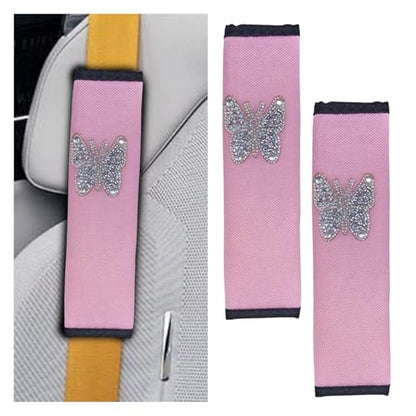 2PCS Bling Car Seat Belt Covers, Polyester Fiber Vehicle Seatbelt Cushion Pad Protector, Butterfly Safe Strap Cover Pad, Comfort Car Seat Belt Shoulder Pads Accessories, Universal Fit(Pink/White) - color: Pink/White