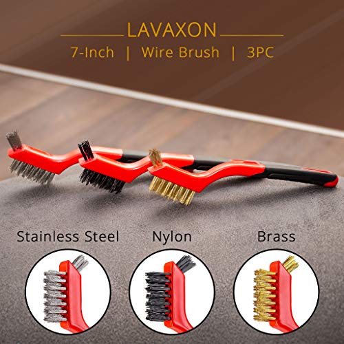 Lavaxon Wire Brush Set 3Pcs - Nylon/Brass/Stainless Steel Bristles with Curved Handle Grip for Rust, Dirt & Paint Scrubbing with Deep Cleaning – 7 Inches (Red) - color: Red